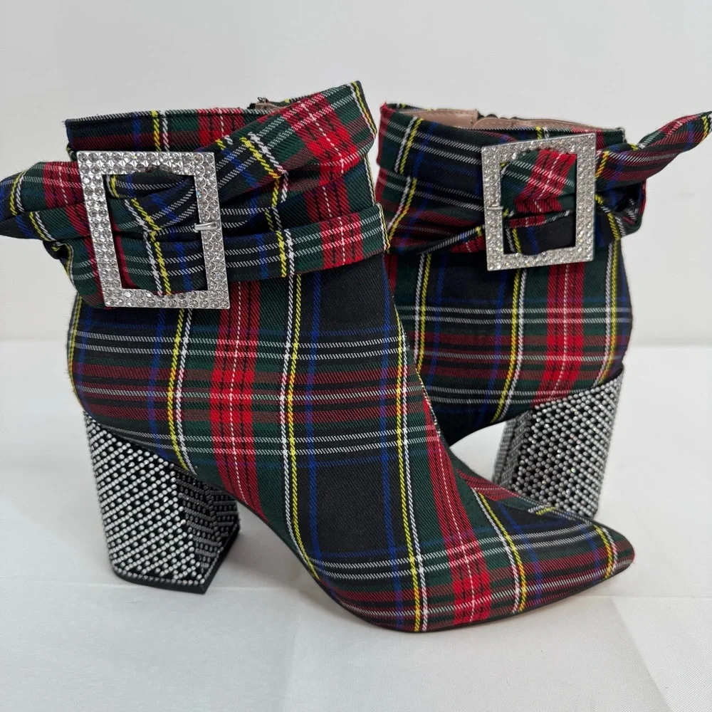 Betsey Johnson 7M Millburn Plaid Booties Ankle Boots Buckle Rhinestones